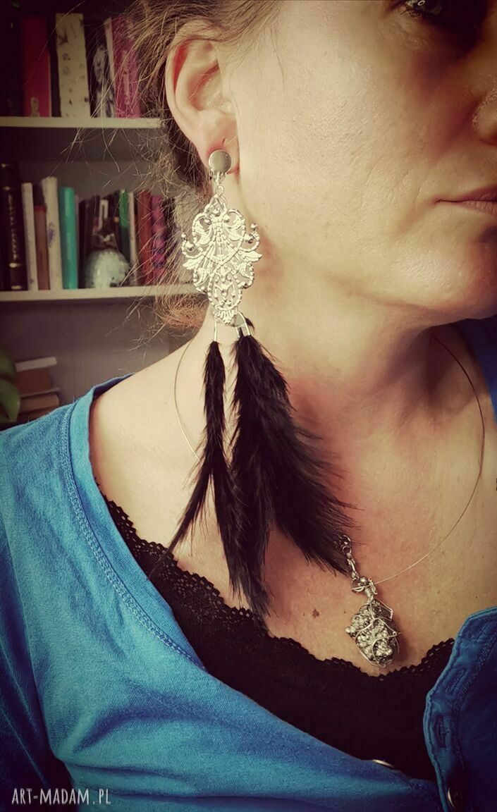 Klipsy czarne pióra boho folk Frida - Ruda Klara
