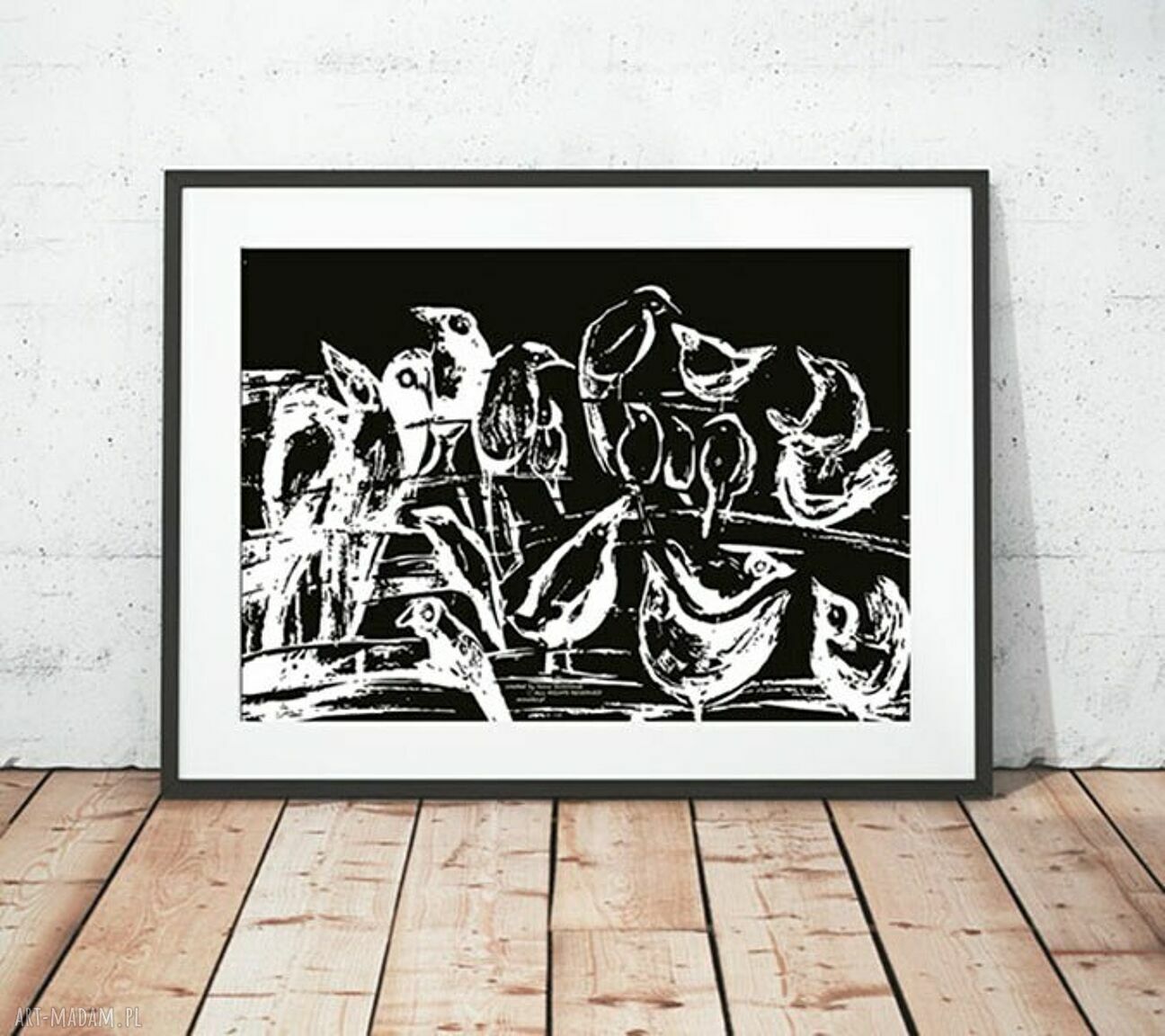 Czarno-biały plakat ptaki - grafika z ptaszkami 21 x 30 cm