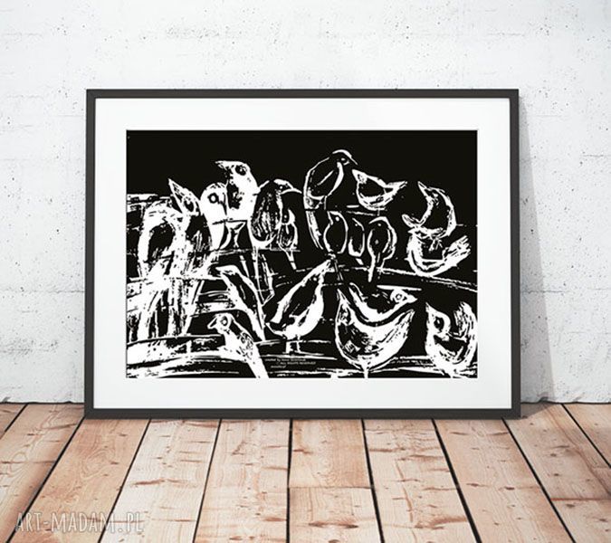 Czarno-biały plakat ptaki - grafika z ptaszkami 21 x 30 cm