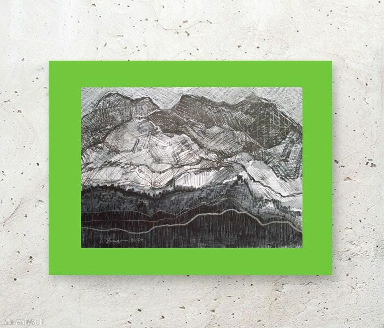 Czarno-biały rysunek z górami 30x40 - nowoczesny pejzaż do oprawy