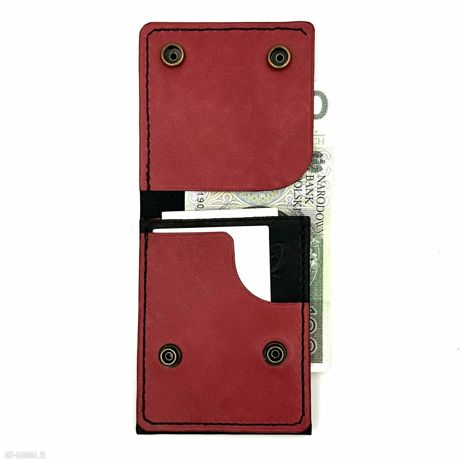 portfele: Czarno czerwony portfel skórzany na karty i banknoty. handmade