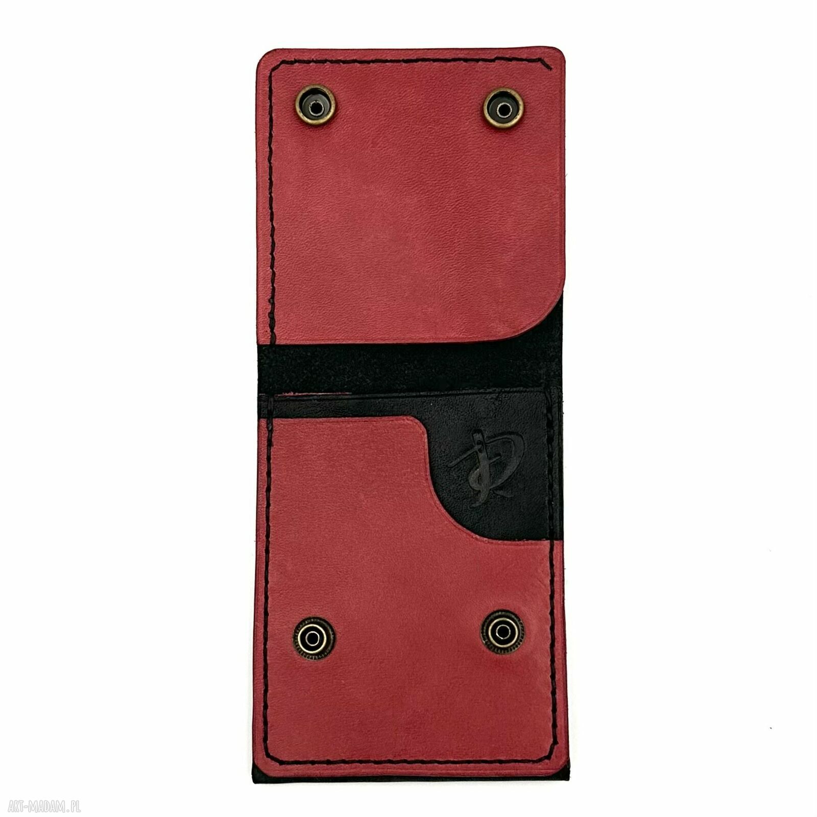portfele: Czarno czerwony portfel skórzany na karty i banknoty. handmade