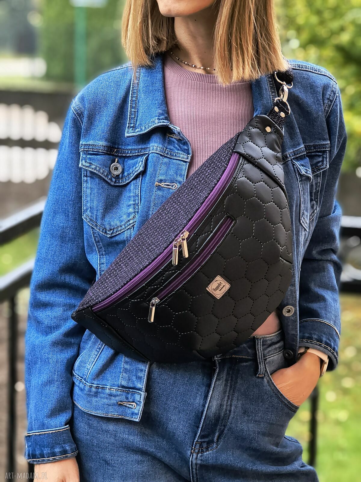 Czarno-fioletowa nerka XXL - pojemna saszetka handmade