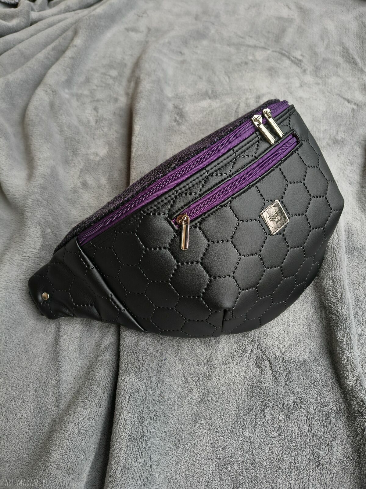 Czarno-fioletowa nerka XXL - pojemna saszetka handmade