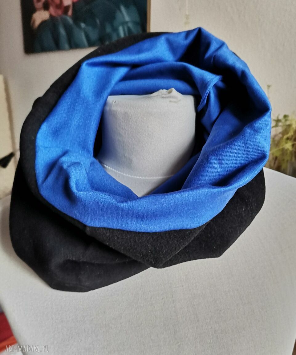 Komin czarno-niebieski Folk etno boho - ręcznie robiony unisex