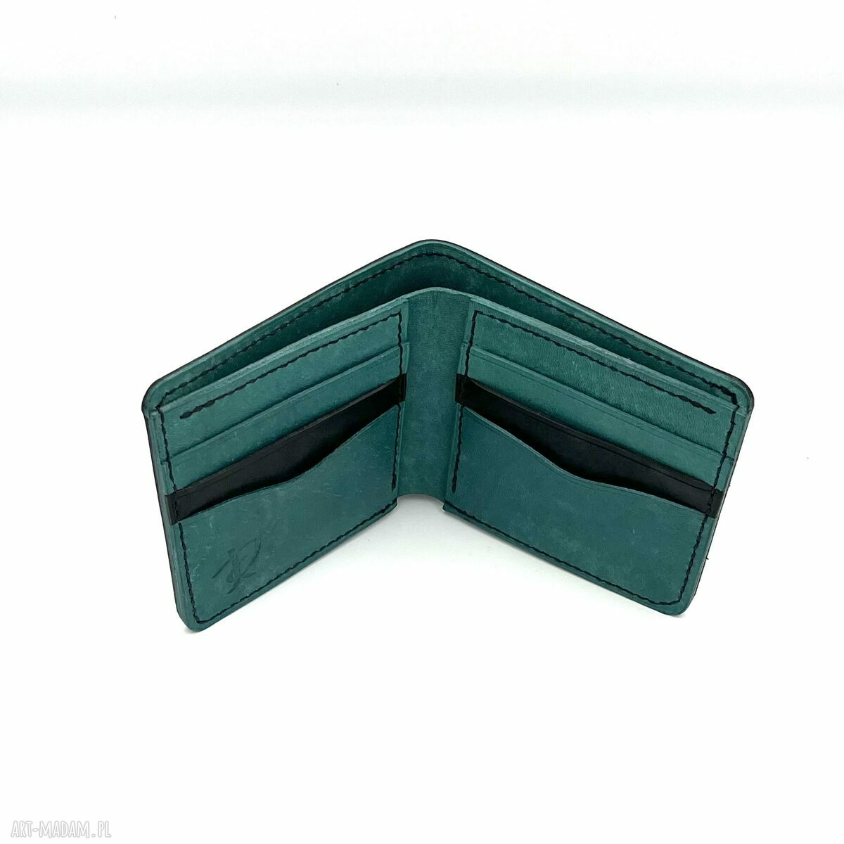 portfele: Czarno turkusowy portfel skórzany ręcznie uszyty. Ręczne wykonanie
