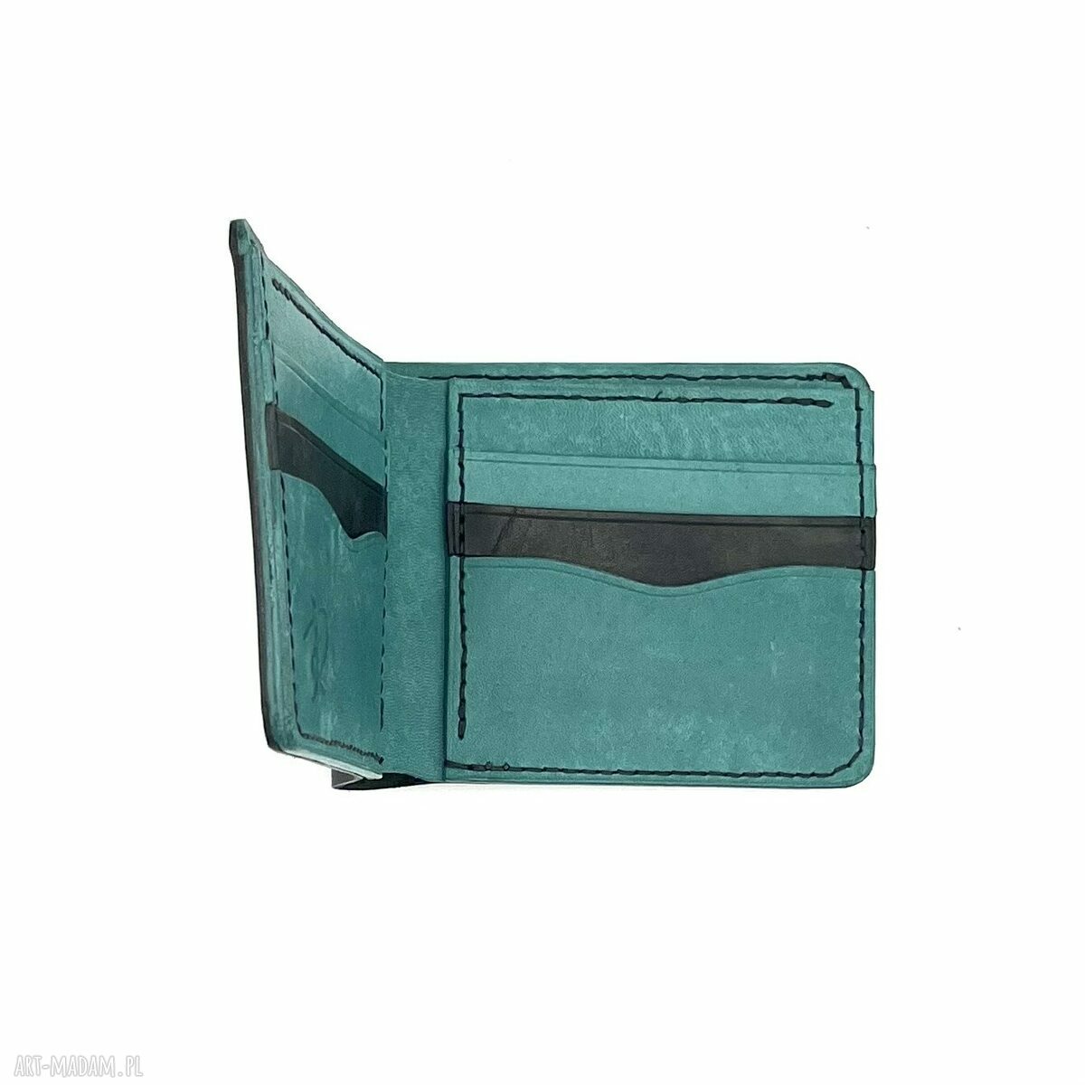 portfele: Czarno turkusowy portfel skórzany ręcznie uszyty. Ręczne wykonanie