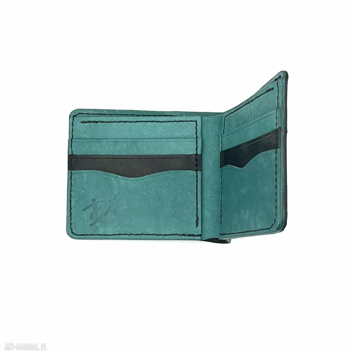 portfele: Czarno turkusowy portfel skórzany ręcznie uszyty. Ręczne wykonanie