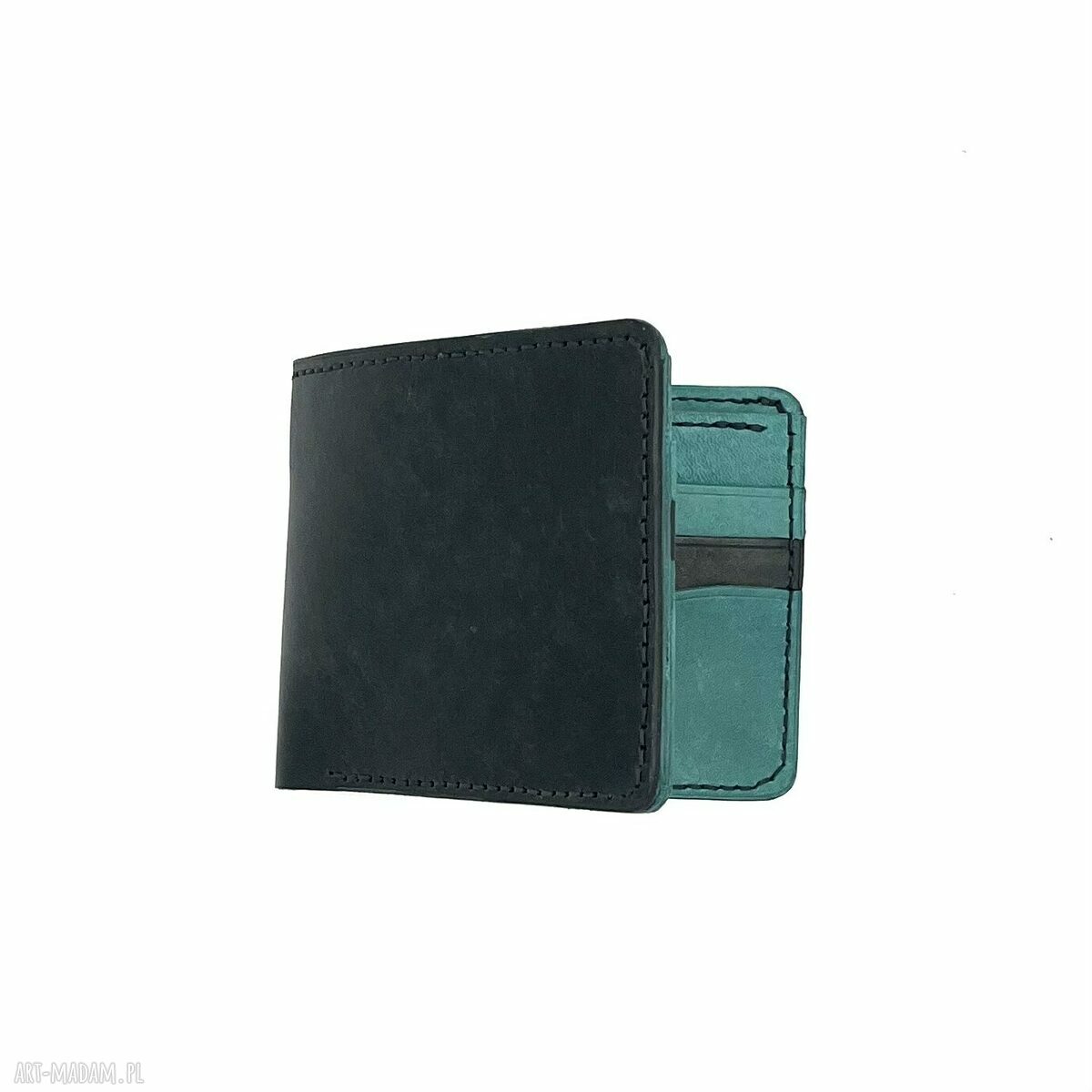 Czarno turkusowy portfel skórzany ręcznie uszyty damski