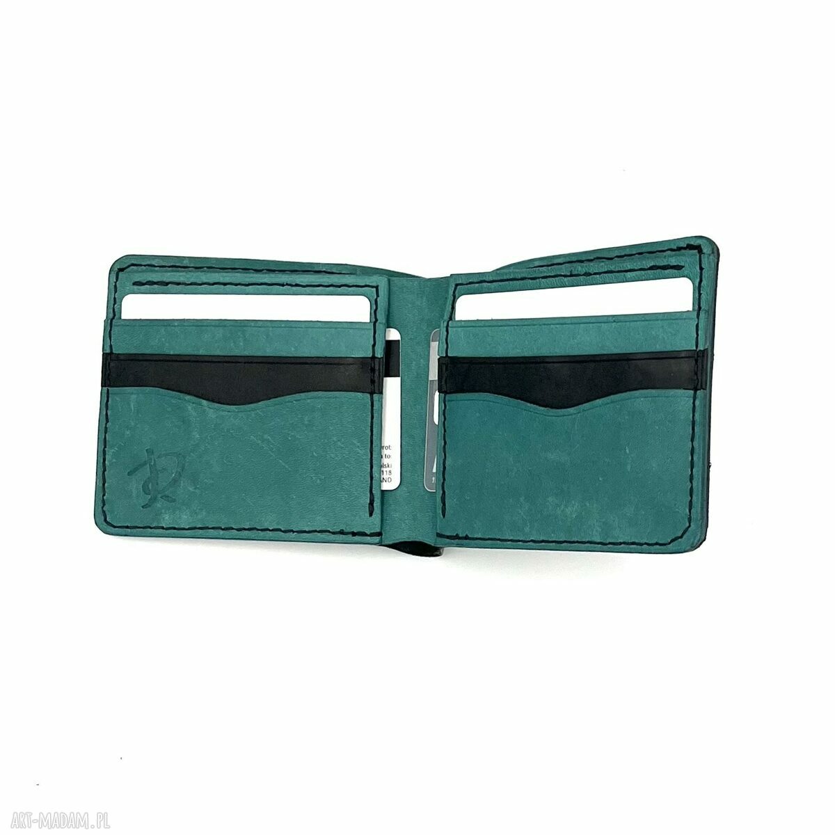 portfele: Czarno turkusowy portfel skórzany ręcznie uszyty. Ręczne wykonanie