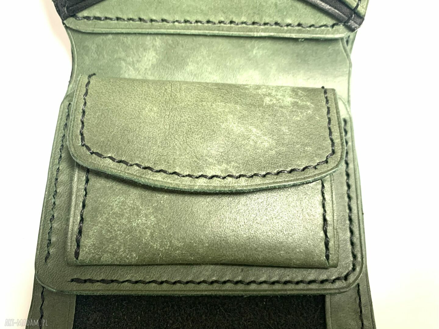 portfele: Czarno zielony portfel na bilon ze skóry ręcznie uszyty. robione