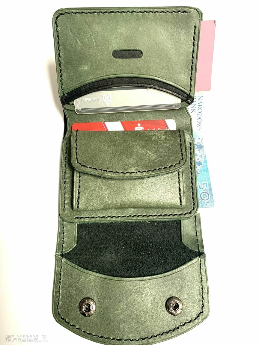 portfele: Czarno zielony portfel na bilon ze skóry ręcznie uszyty. robione