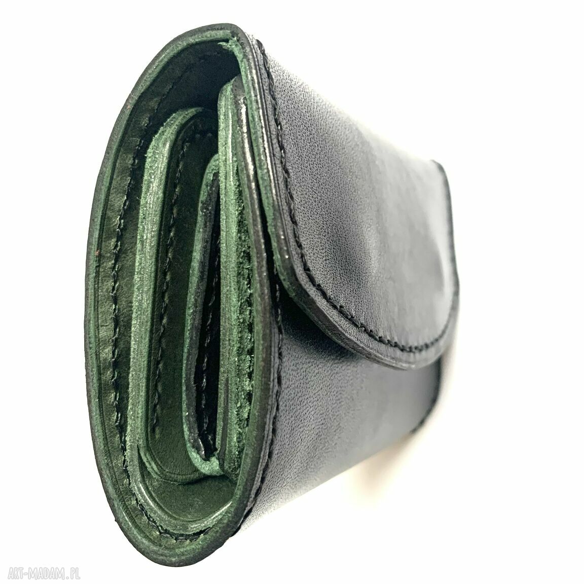 portfele: Czarno zielony portfel na bilon ze skóry ręcznie uszyty. robione