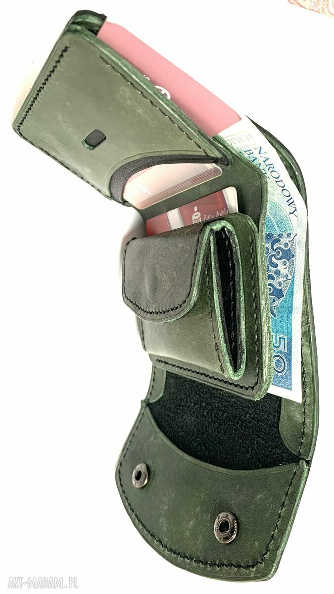 portfele: Czarno zielony portfel na bilon ze skóry ręcznie uszyty. robione