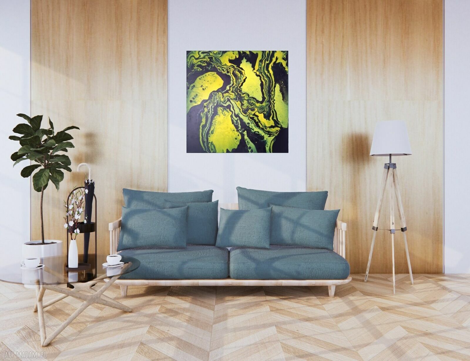 Czarno-żółty duży obraz do salonu 80x80 - akryl na płótnie