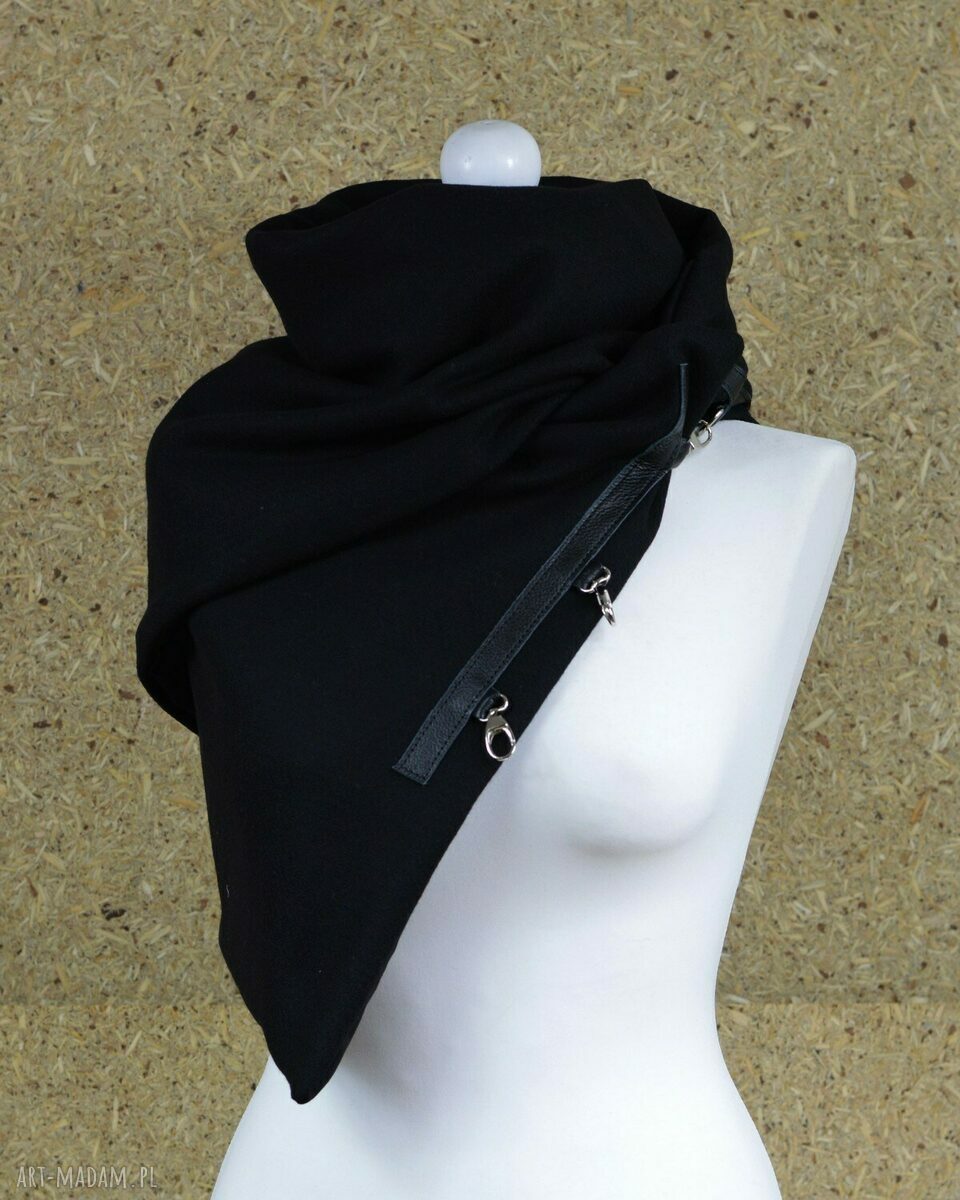 Czarny szal, chusta z zapinkami, ciepły komin, elegancki szalik Hand Made