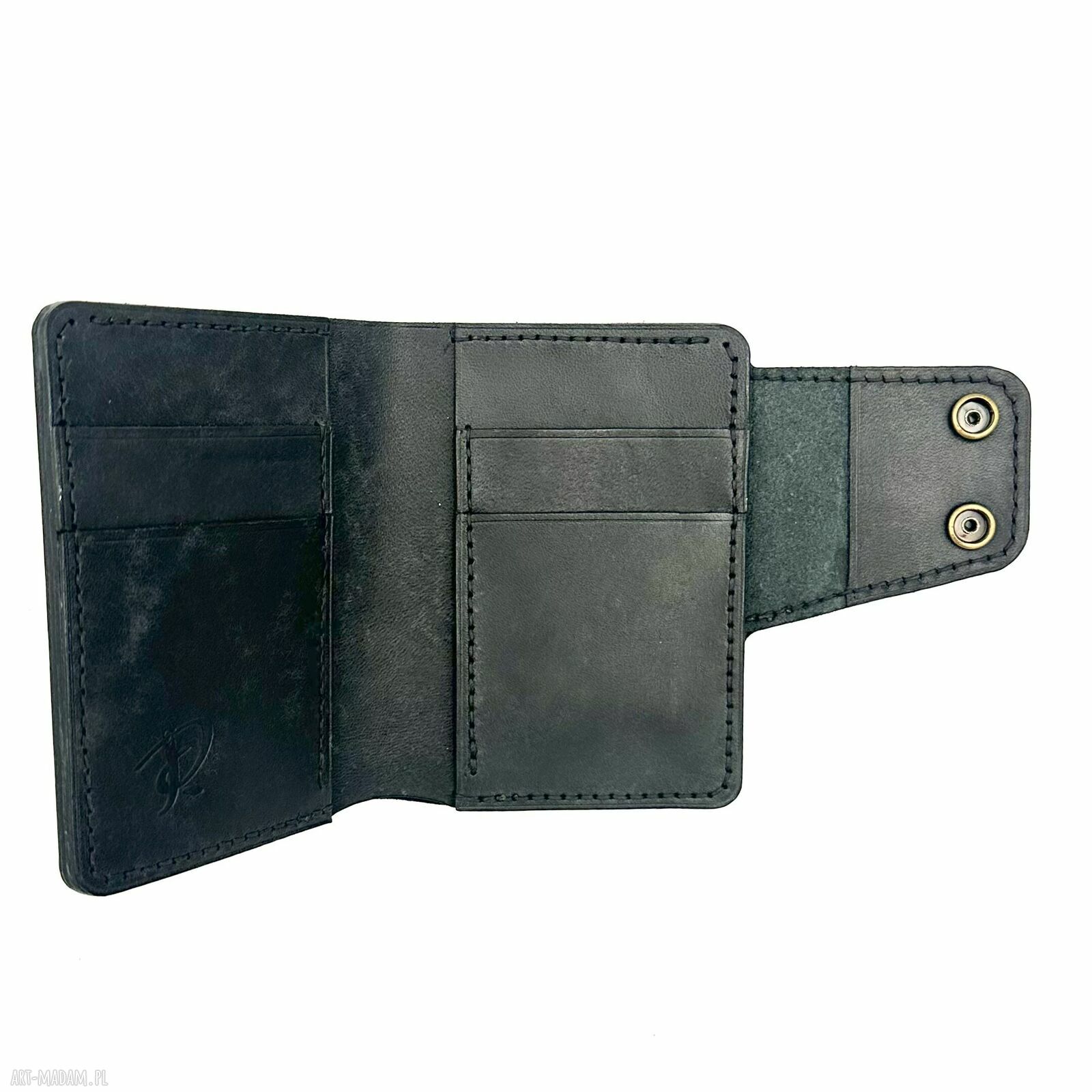 portfele: Czarny duży portfel ręcznie uszyty ze skóry garbowanej roślinnie. Hand Made