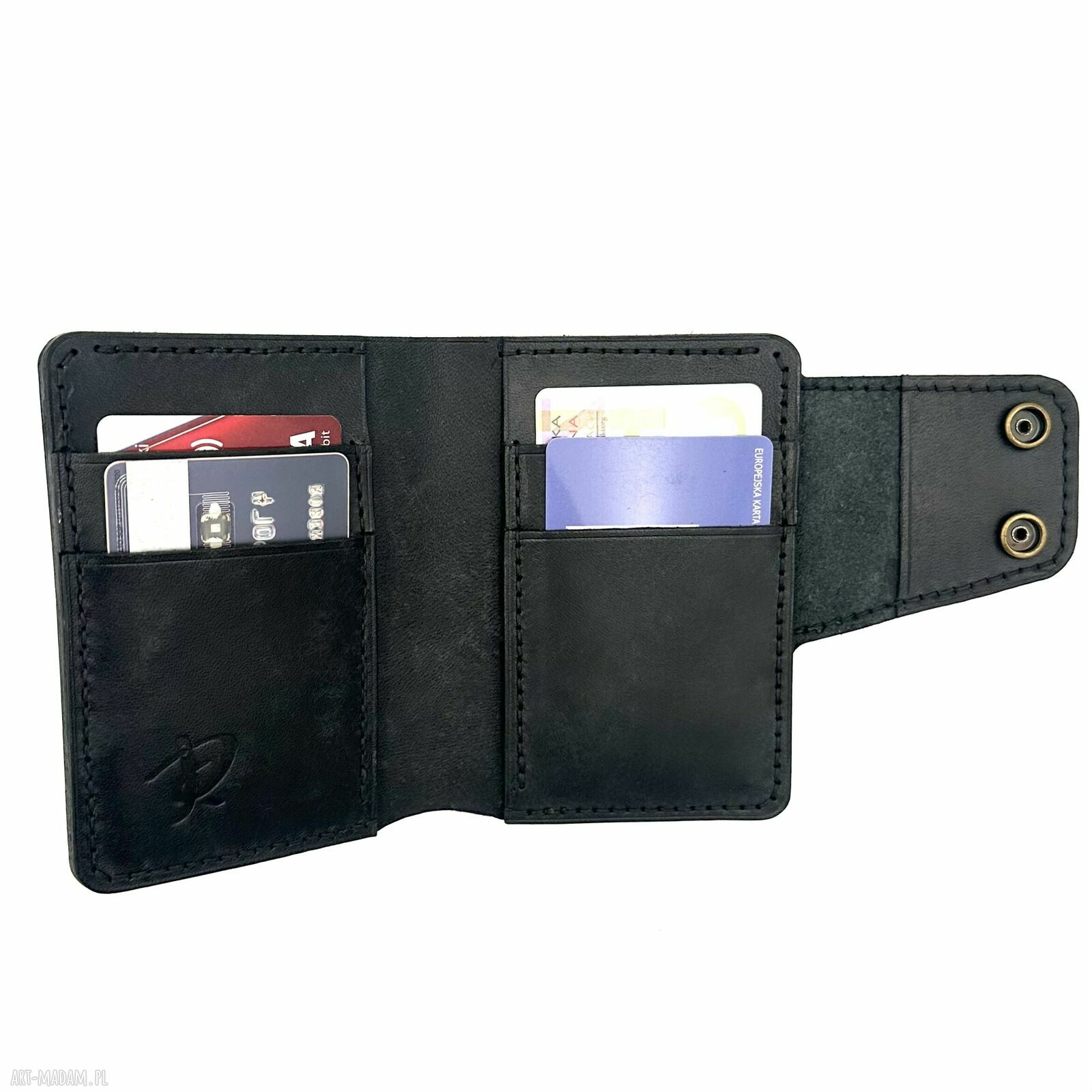 portfele: Czarny duży portfel ręcznie uszyty ze skóry garbowanej roślinnie. Hand Made