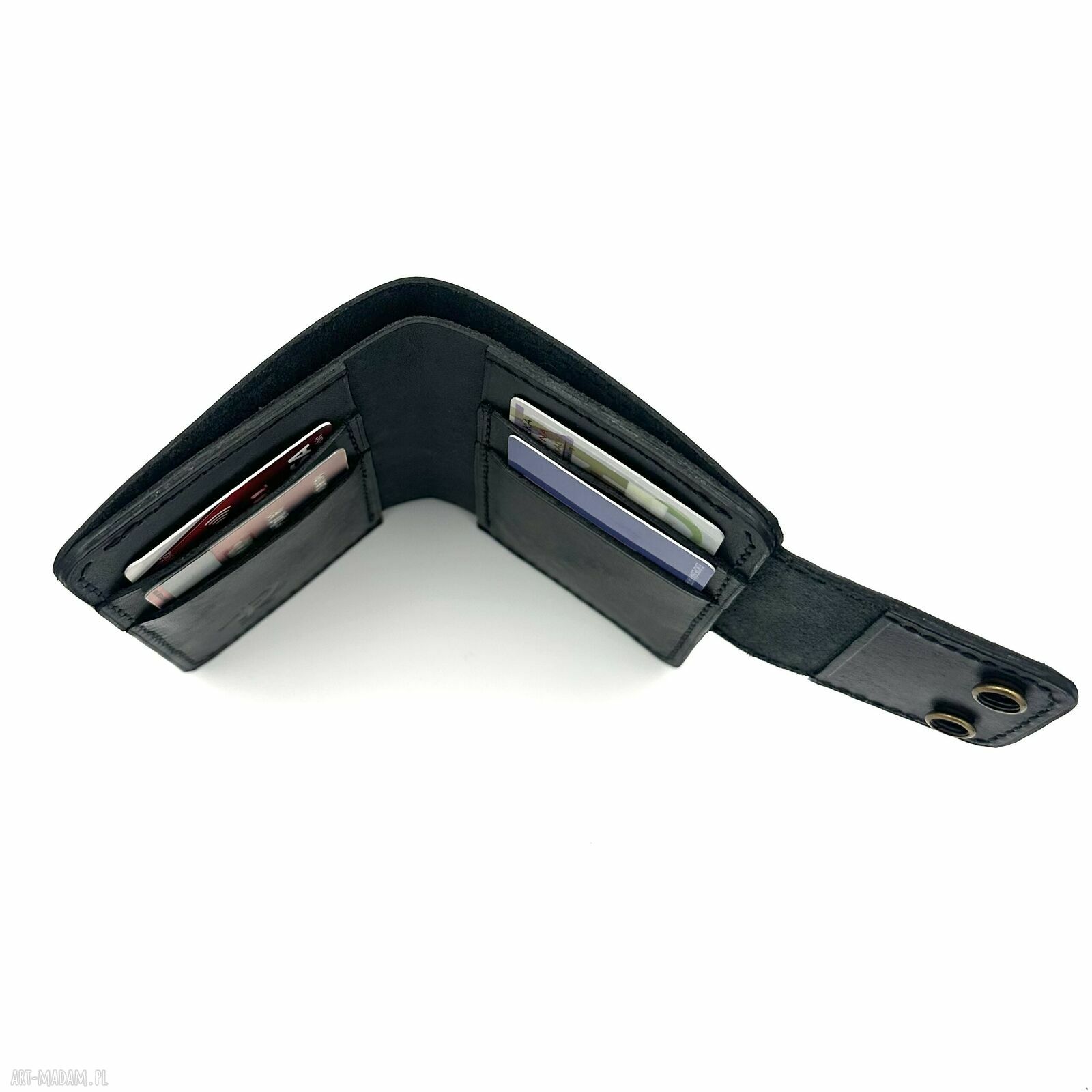 portfele: Czarny duży portfel ręcznie uszyty ze skóry garbowanej roślinnie. Hand Made