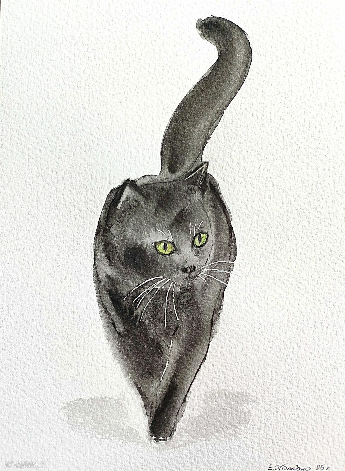 Czarny kot - akwarela 19x26 cm na papierze obraz bez ramki