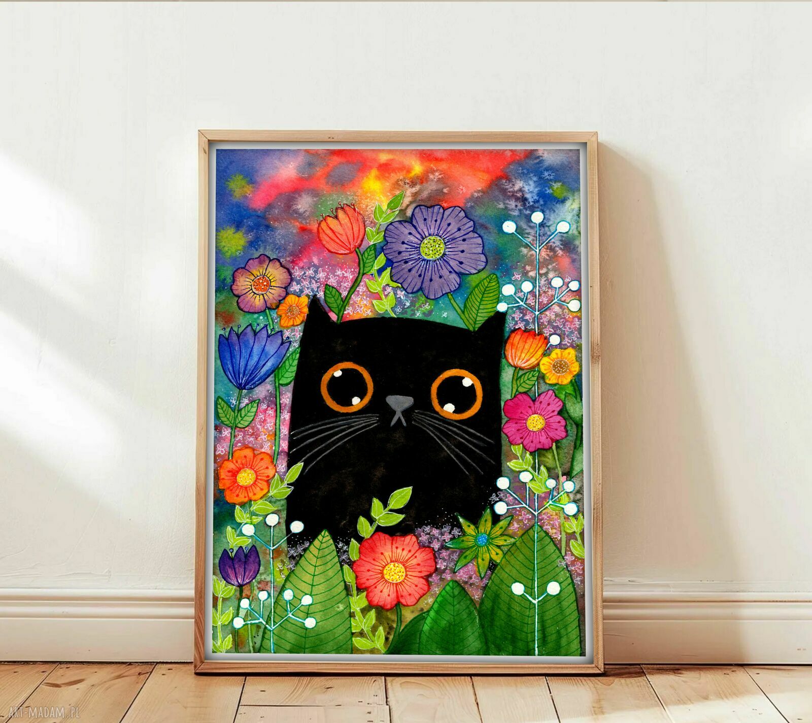 Czarny kot na szczęście 50x70 cm - akwarelowa grafika