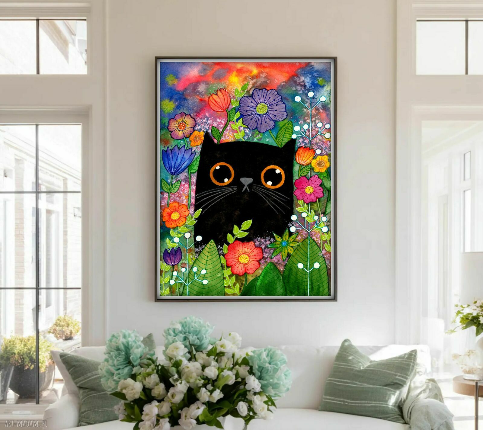 Czarny kot na szczęście 50x70 cm - akwarelowa grafika