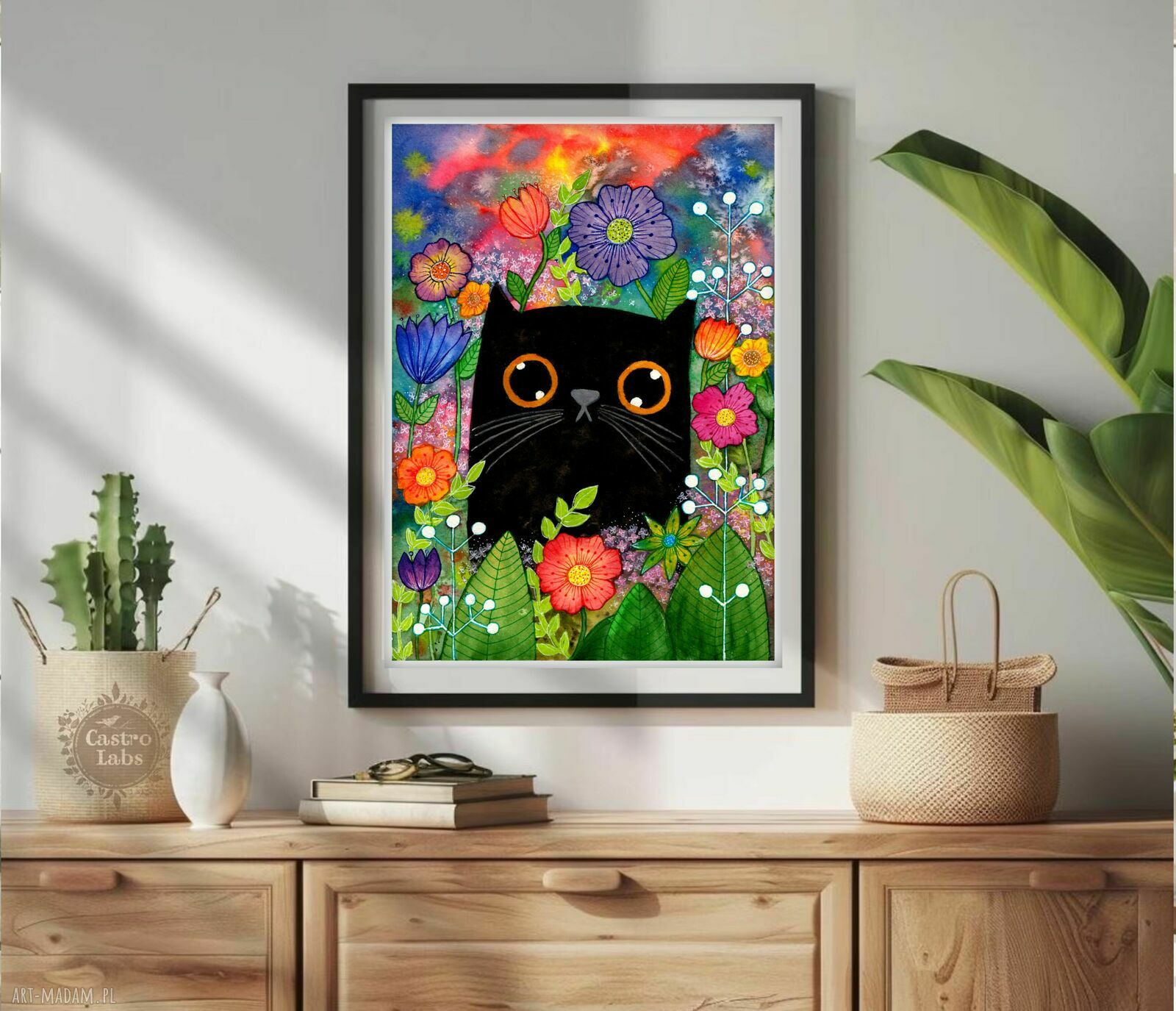 Czarny kot na szczęście 50x70 cm - akwarelowa grafika