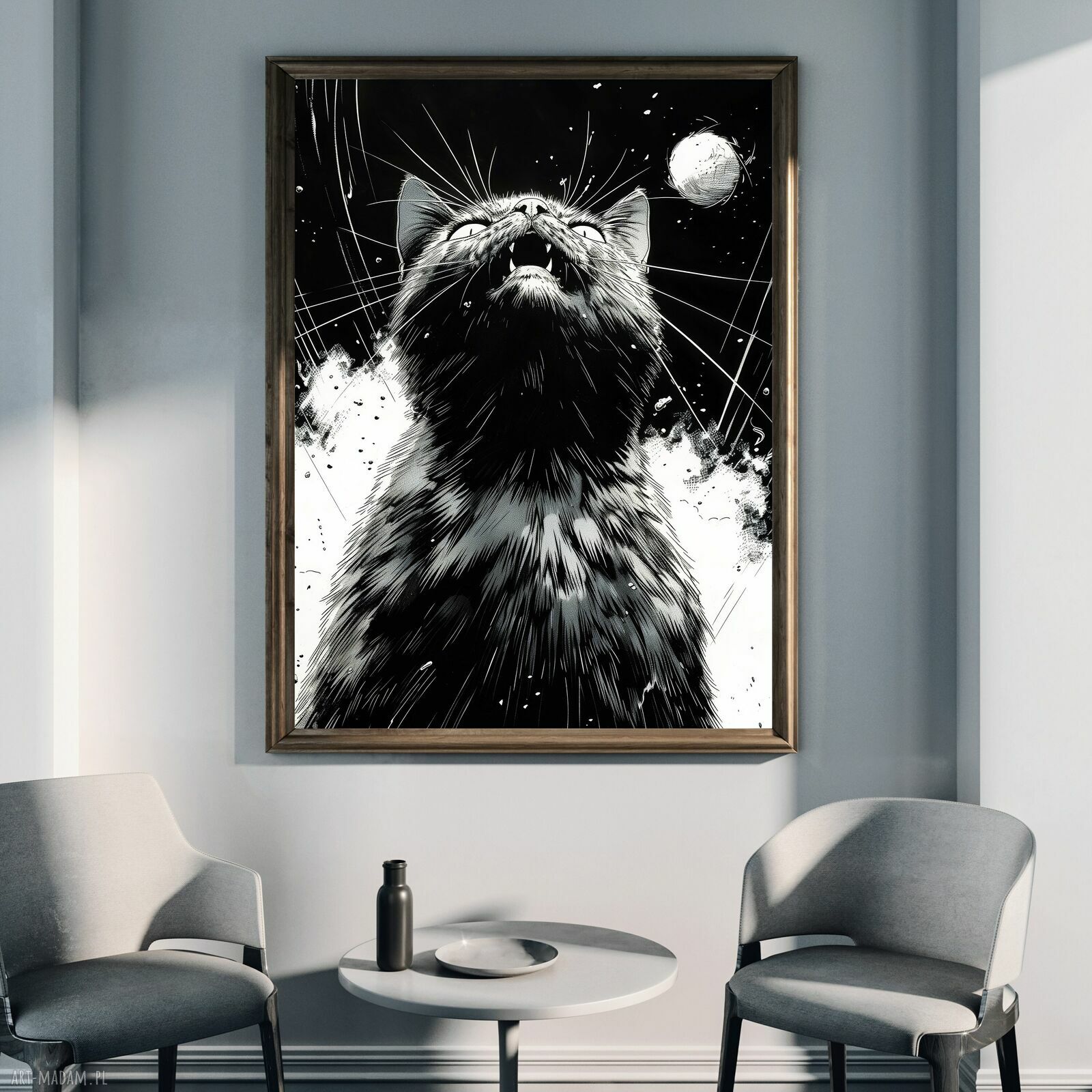Czarny Kot 4 - grafika na plakat A3 (czarno-biała) dla kociarzy