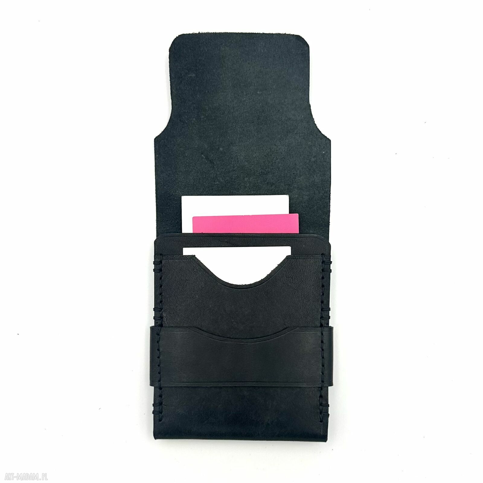 portfele: Czarny mały portfel skórzany na karty ręcznie uszyty. Hand Made