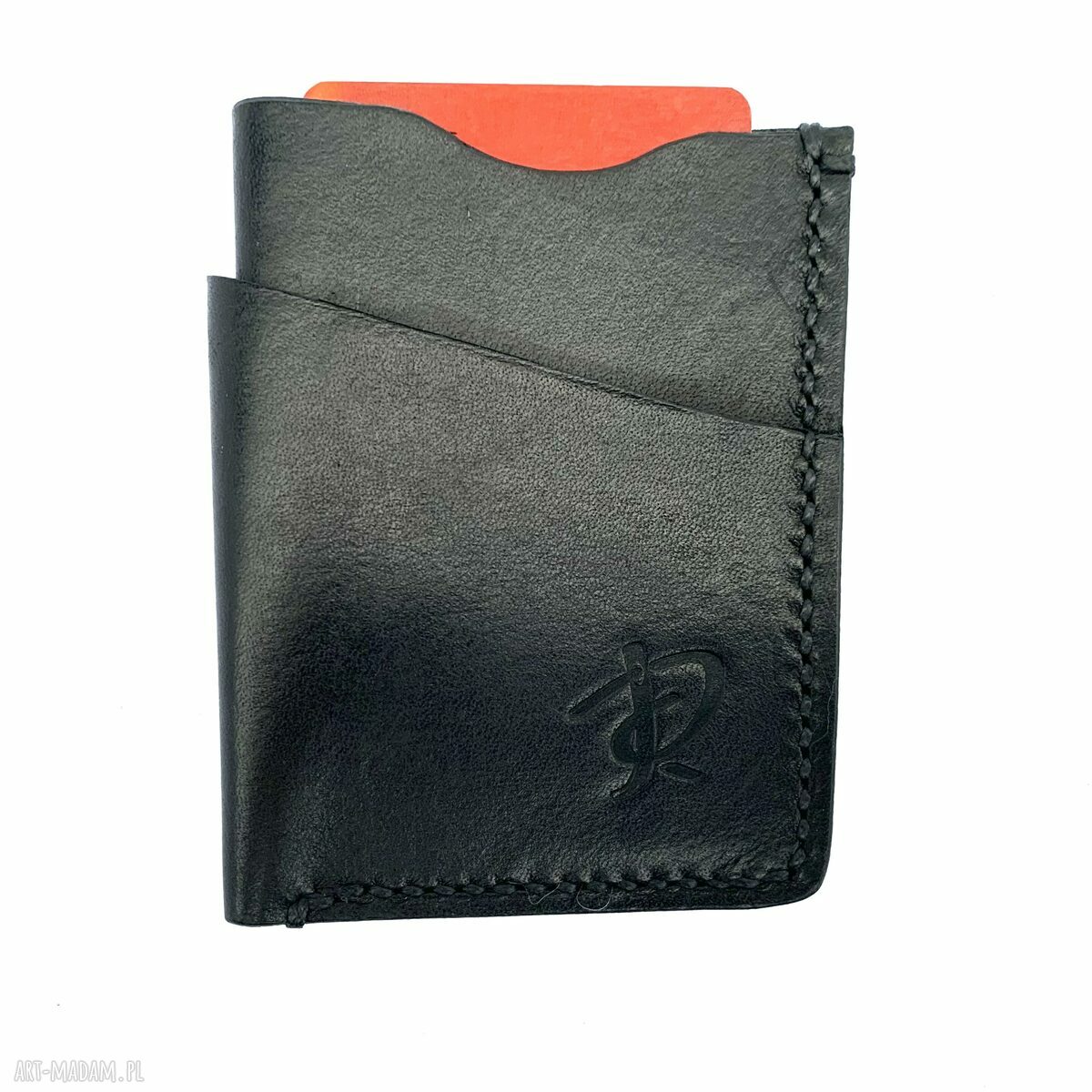 portfele: Czarny minimalistyczny portfeli ze skóry na karty ręcznie uszyty.