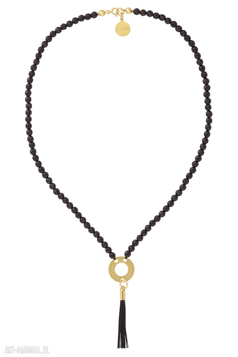 naszyjniki: CZARNY MODOWY NASZYJNIK ONYKS FASETOWANY JEDWABNY CHWOST ZŁOTO FASHION