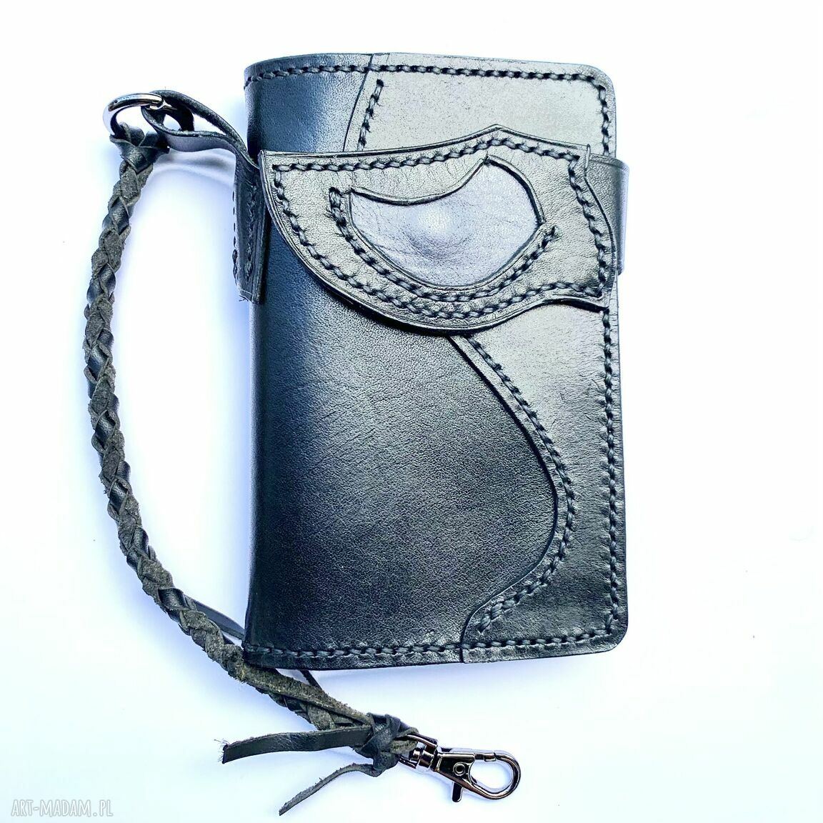 Czarny portfel motocyklisty skóry ręcznie uszyty męski duży