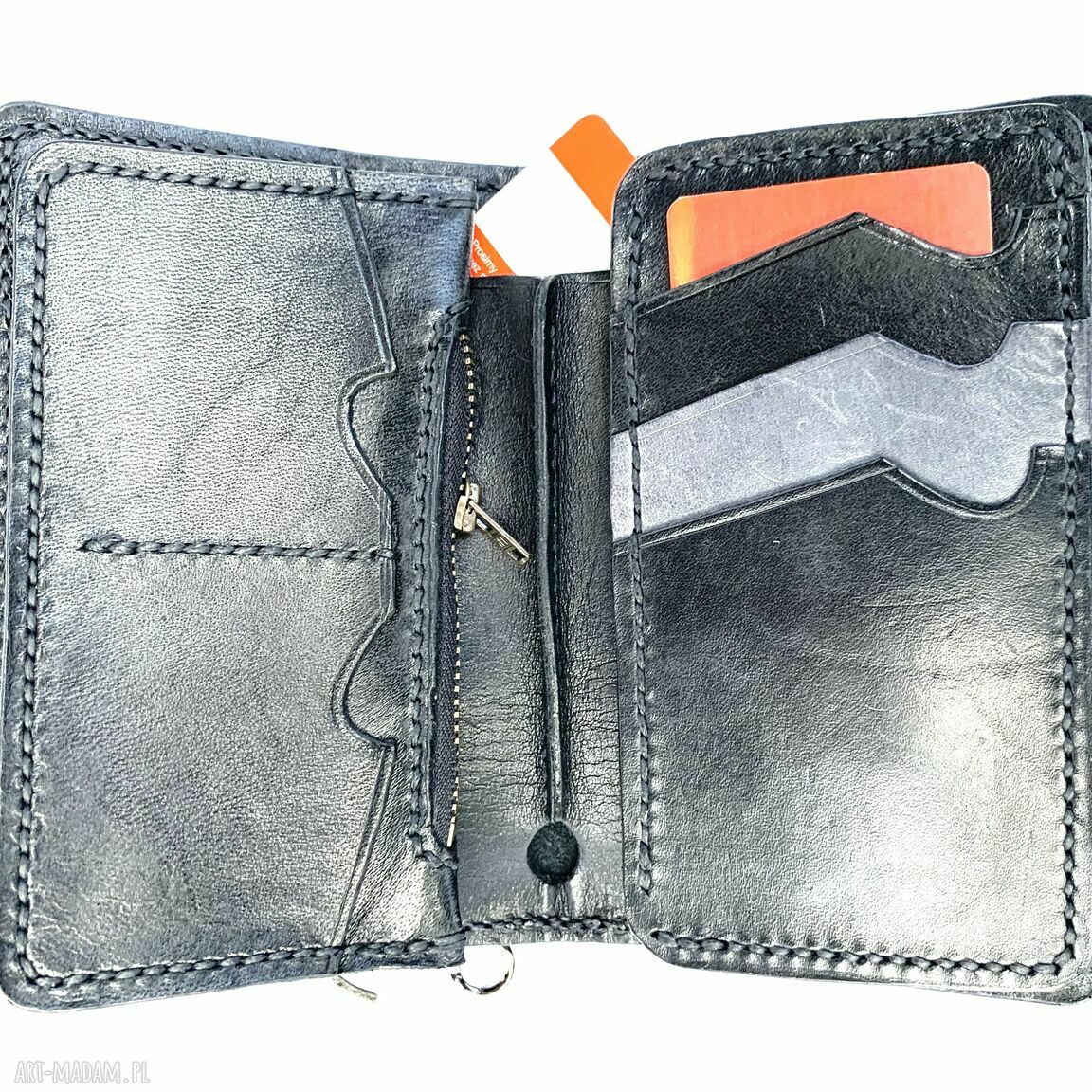 portfele: Czarny portfel Motocyklisty ze skóry ręcznie uszyty. Hand Made