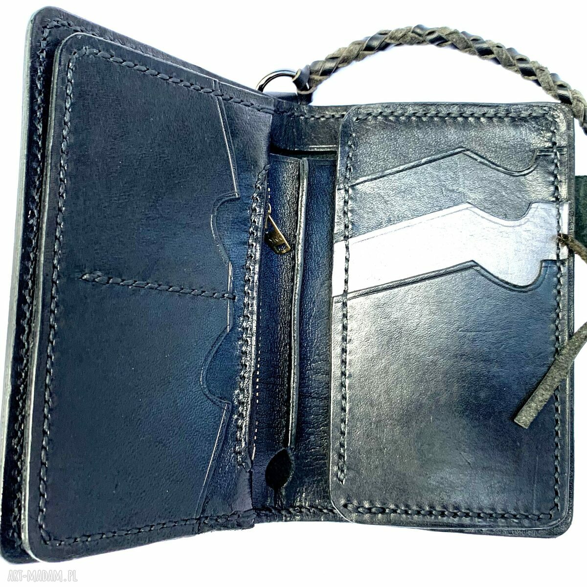 portfele: Czarny portfel Motocyklisty ze skóry ręcznie uszyty. Hand Made