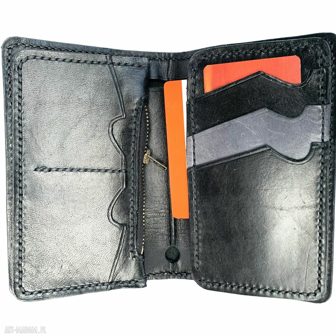 portfele: Czarny portfel Motocyklisty ze skóry ręcznie uszyty. Hand Made