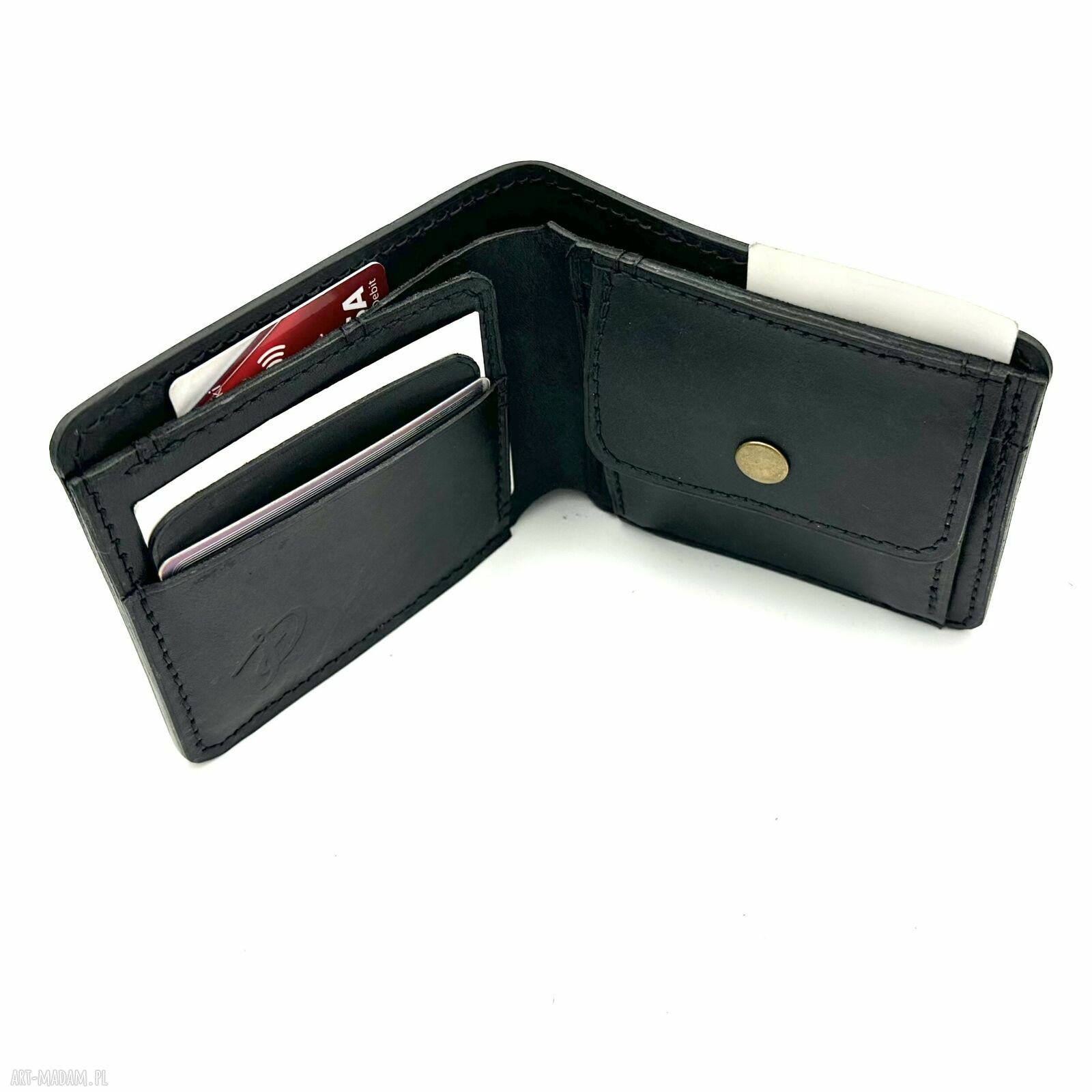 portfele: Czarny portfel na bilon skórzany ręcznie uszyty. Ręczne wykonanie