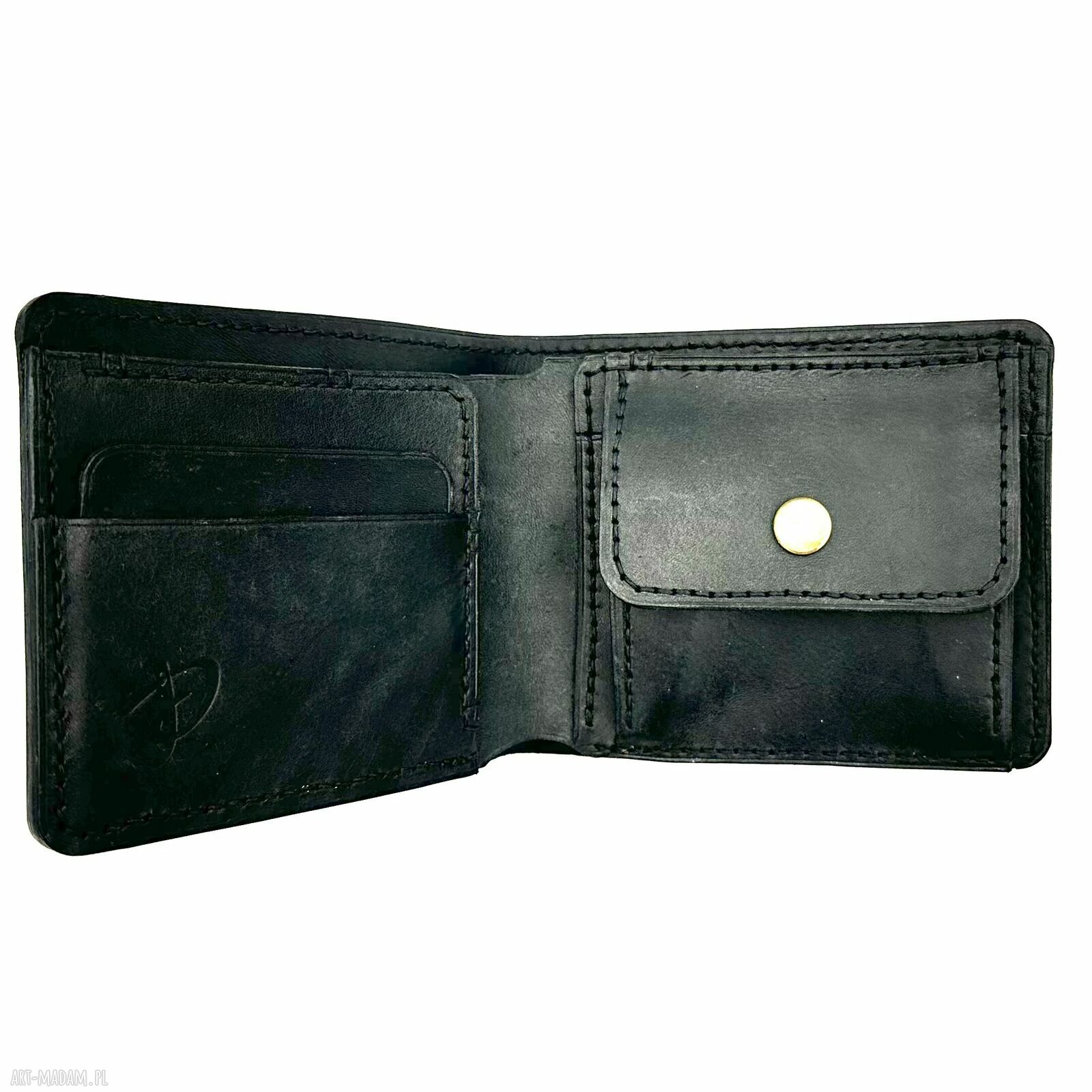 Czarny portfel bilon skórzany ręcznie uszyty męski karty damski