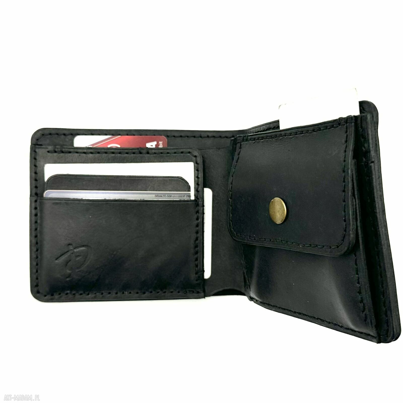 portfele: Czarny portfel na bilon skórzany ręcznie uszyty. Ręczne wykonanie