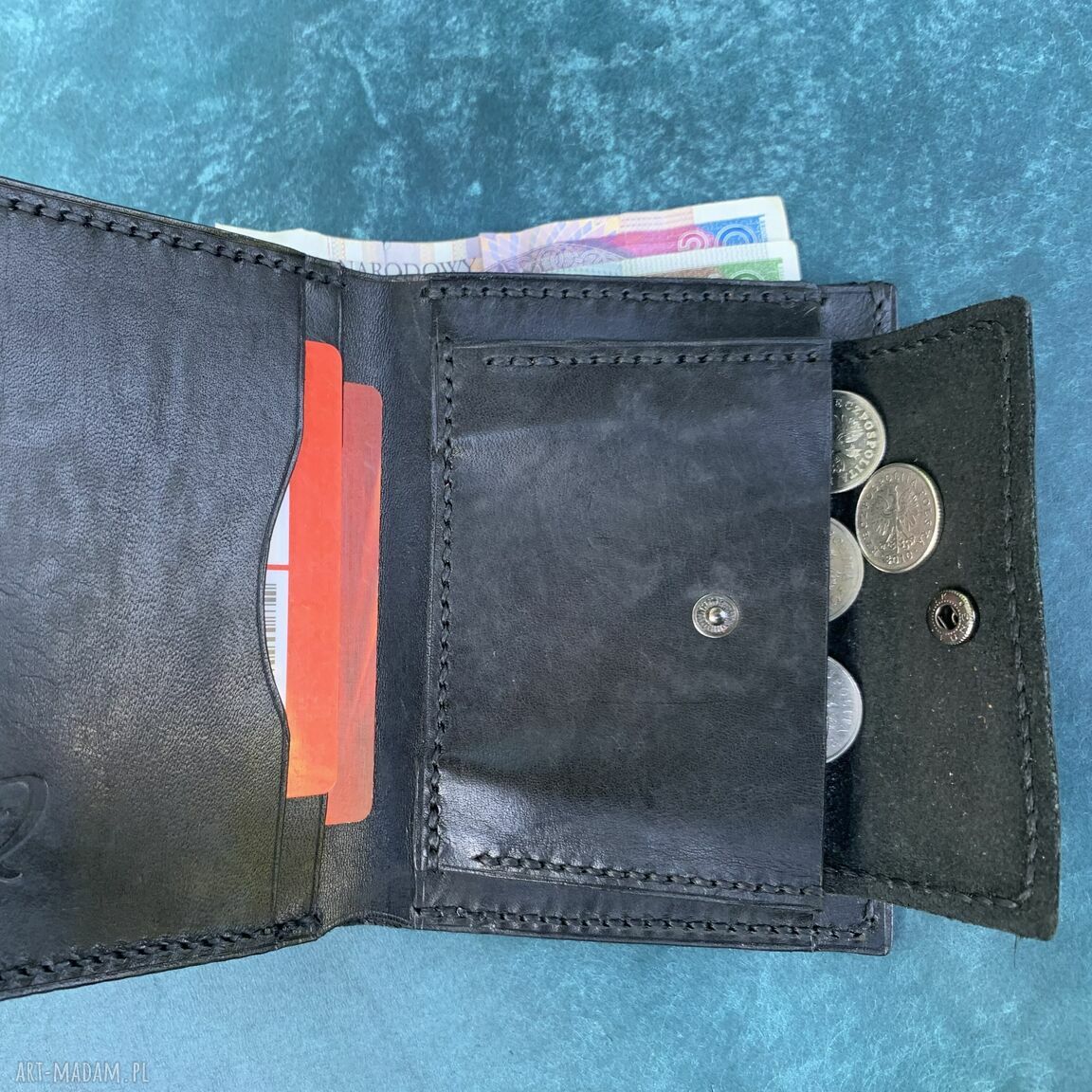 portfele: Czarny portfel na bilon ze skóry uszyty. ręcznie robione