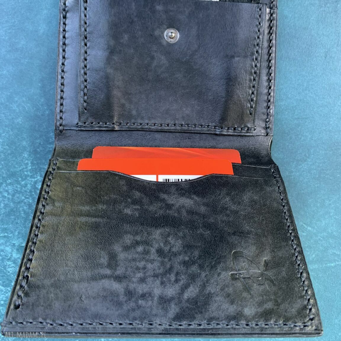 portfele: Czarny portfel na bilon ze skóry uszyty. ręcznie robione
