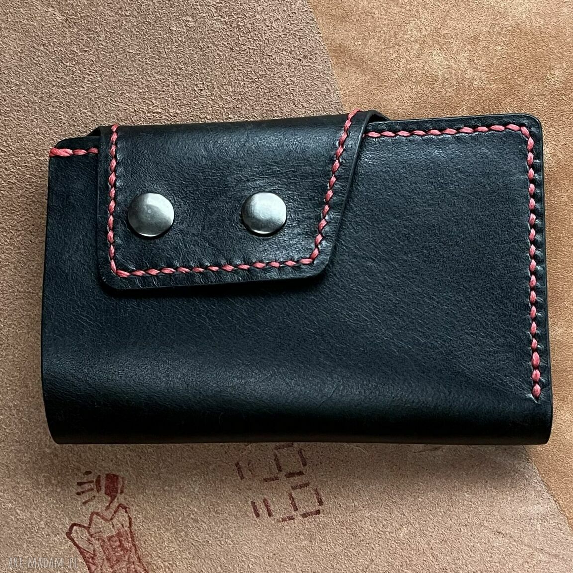 portfele: Czarny portfel na karty ze skóry uszyty. ręcznie robione