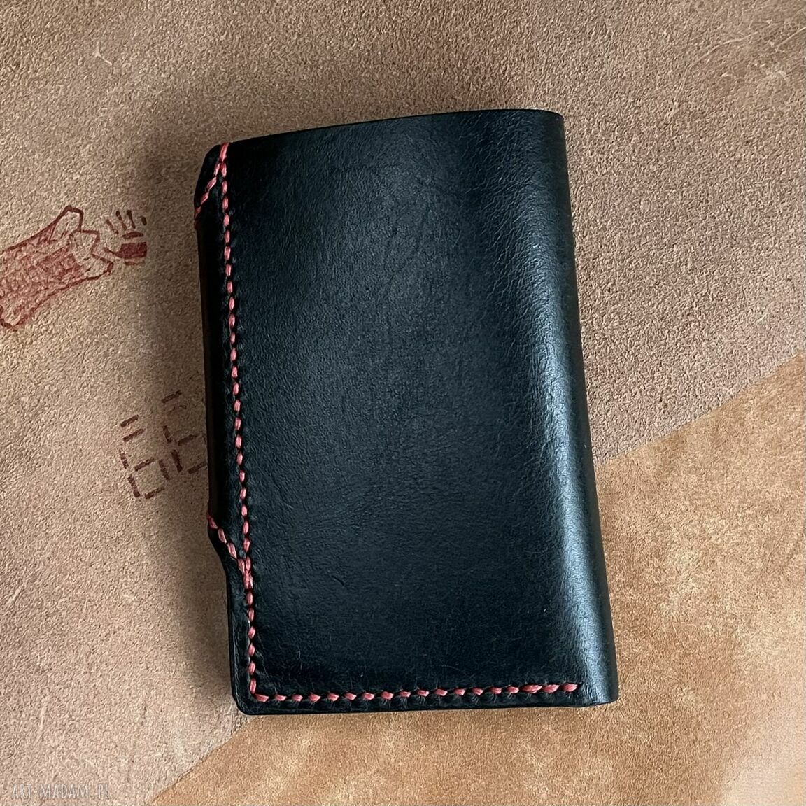 portfele: Czarny portfel na karty ze skóry uszyty. ręcznie robione