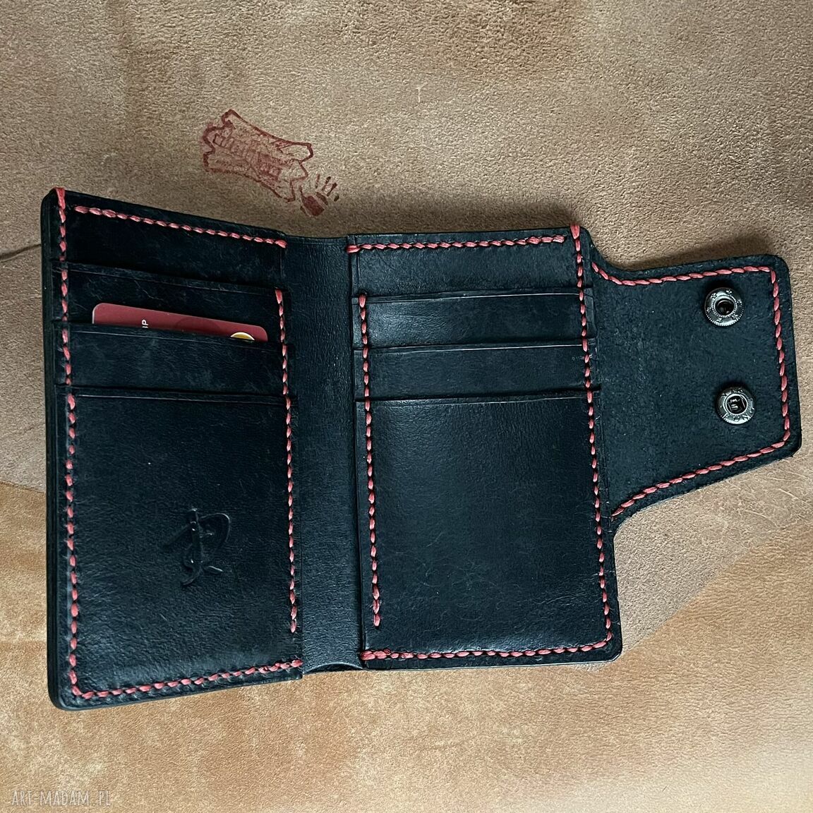 portfele: Czarny portfel na karty ze skóry uszyty. ręcznie robione