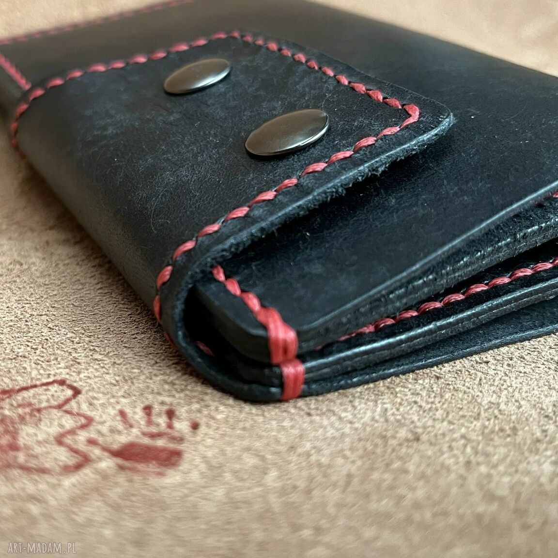 Czarny portfel karty skóry ręcznie uszyty duży męski prezent