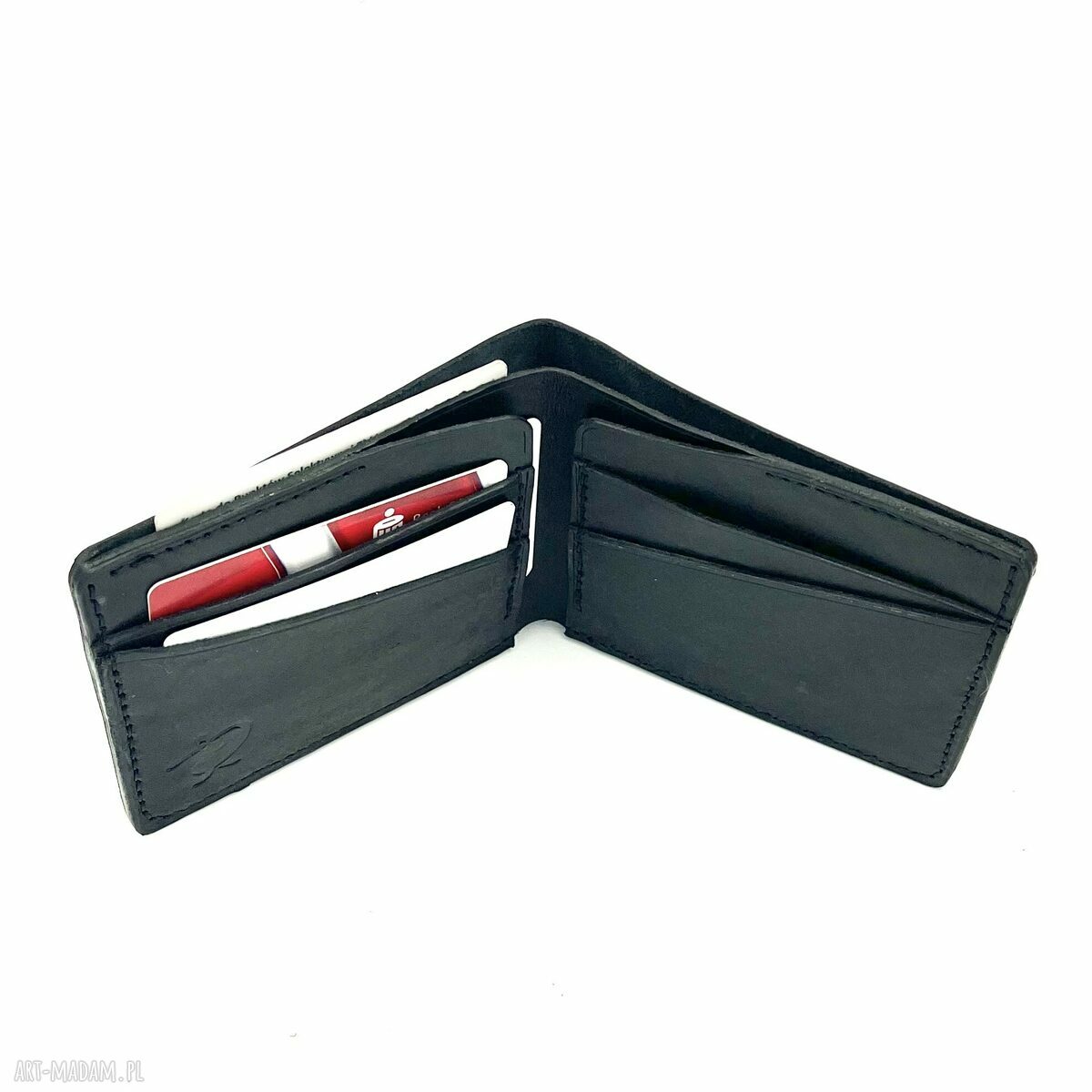 portfele: Czarny portfel ręcznie uszyty ze skóry. hand made