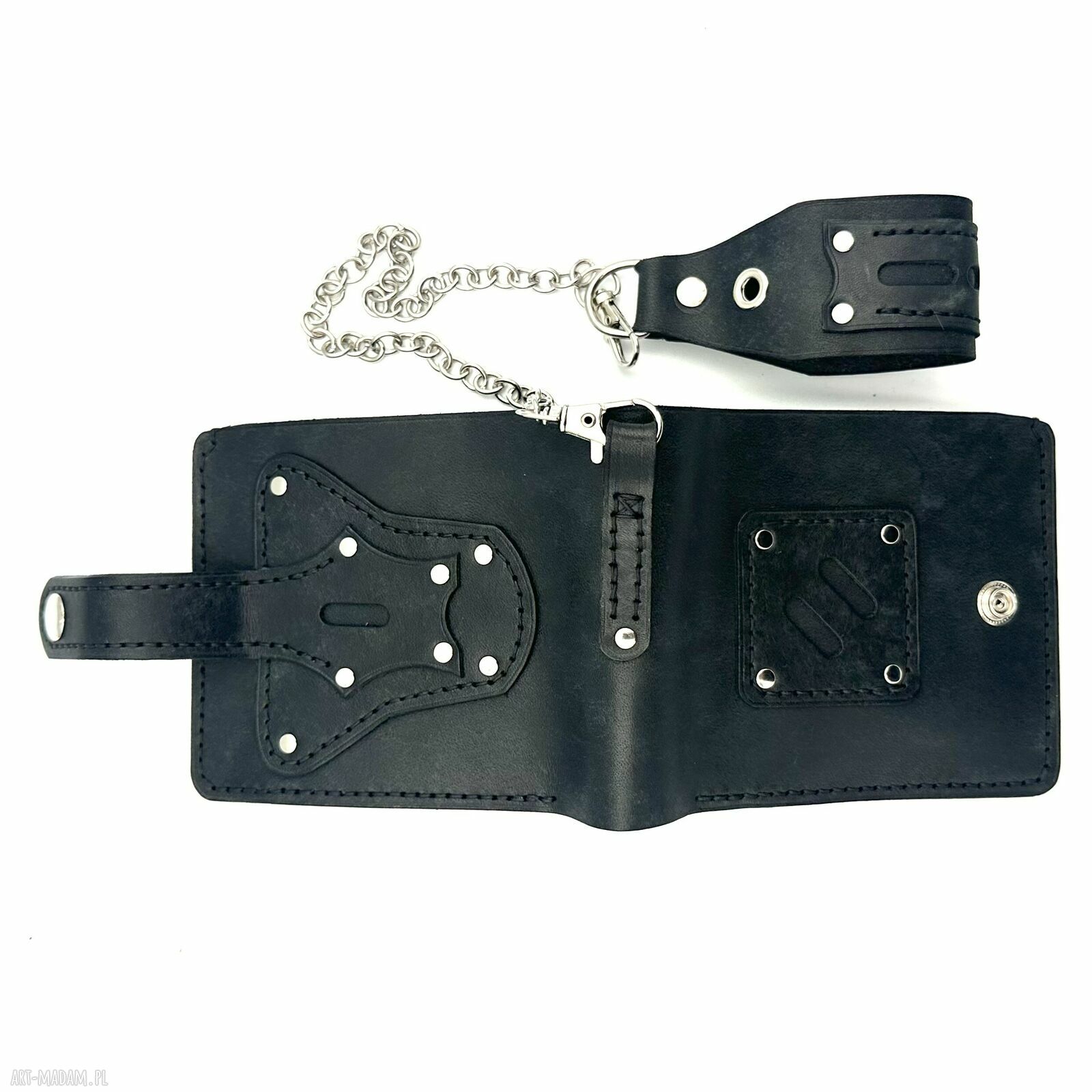 portfele: Czarny portfel skórzany na bilon ręcznie uszyty z łańcuszkiem do paska