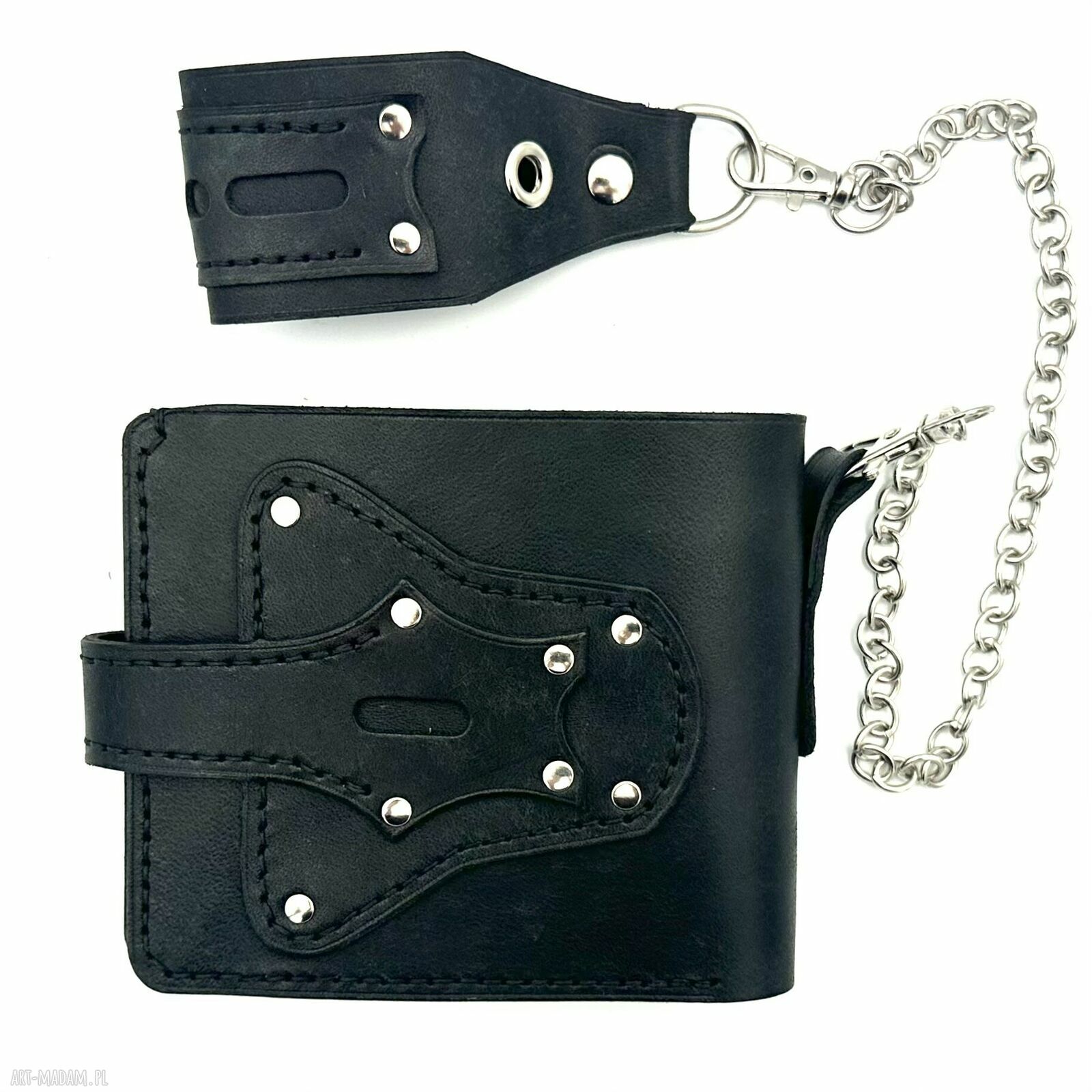 Czarny portfel skórzany bilon ręcznie uszyty łańcuszkiem paska