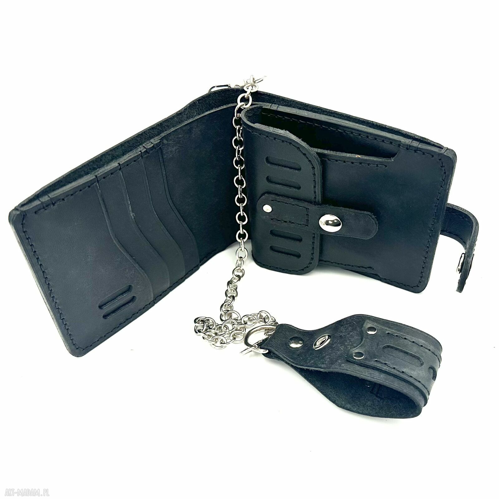 portfele: Czarny portfel skórzany na bilon ręcznie uszyty z łańcuszkiem do paska