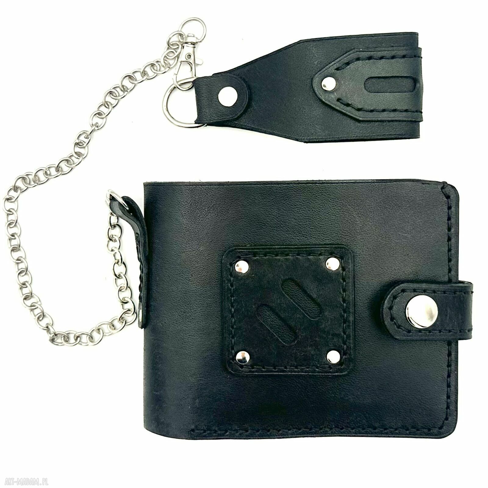 portfele: Czarny portfel skórzany na bilon ręcznie uszyty z łańcuszkiem do paska
