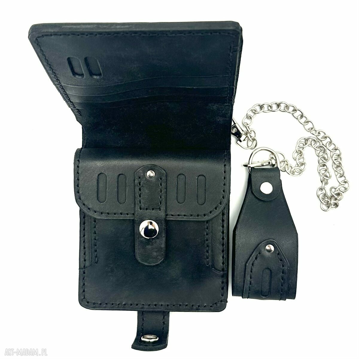 portfele: Czarny portfel skórzany na bilon ręcznie uszyty z łańcuszkiem do paska